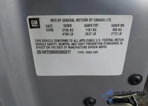 2006 Chevrolet Impala Lt from USA, damaged, VIN 2G1WT58K669366377